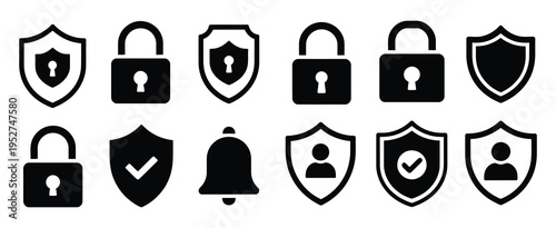 Security alarm and padlock vector icons, line illustration set with emergency alert symbols, suitable for cybersecurity dashboards, safety signage, access management, and protective measures graphics.