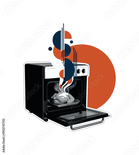 A black and white vintage oven with its door open, inside a realistic roast chicken on a tray, steam transforming into bold geometric semicircles and abstract