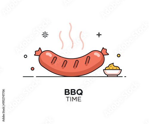 Grilled sausage fresh from the barbecue with light steam lines rising above and a small mustard dip on the side. Clean geometric shapes and a compact ?BBQ