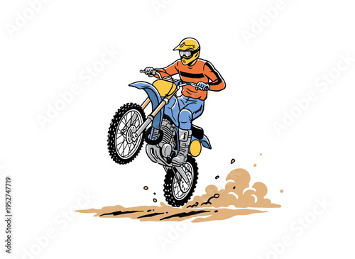 Motocross racing design for t shirt print, poster and sticker. Dirt bike extreme sport artwork. Off road adventure. Fast motorcycle wheelie design.