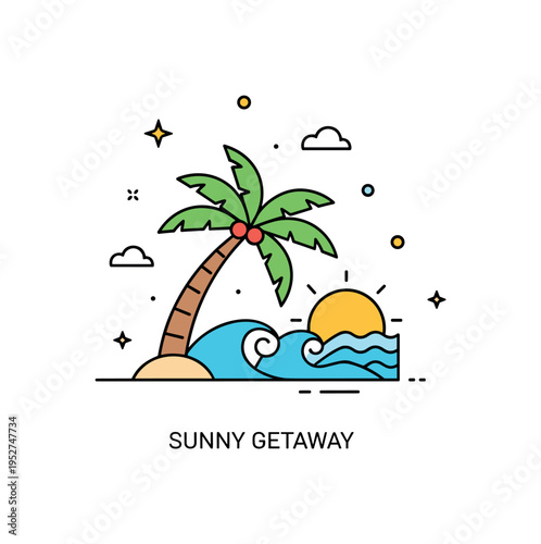 Holiday destination tropical beach escape scene with a small palm tree leaning over a minimal sun and wave shapes, expressing relaxation and warm coastal