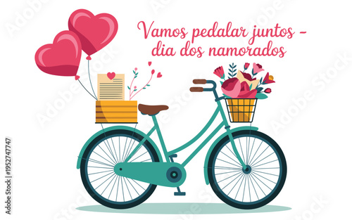 A colorful illustration of a bicycle with a basket of flowers and a heart-shaped balloon