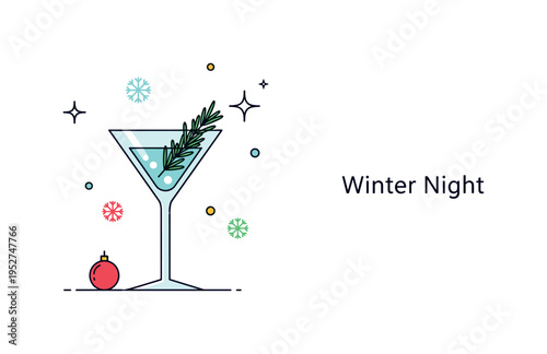 Winter martini with frosted glass and rosemary garnish presenting a refined seasonal celebration concept. Minimal snowflake icons and a subtle sparkle detail