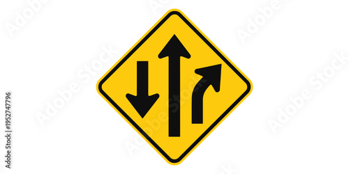 Traffic sign with multiple arrows pointing up down and right on yellow background