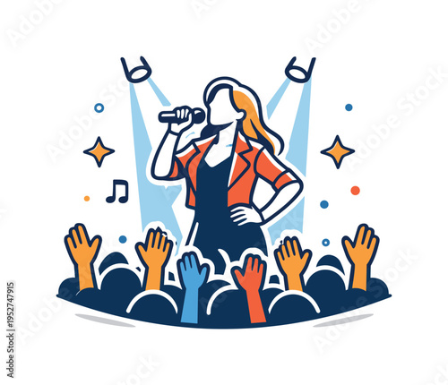 Pop concert energy with a world famous singer standing under bright stage lights holding a microphone while a cheering crowd raises hands below, capturing the