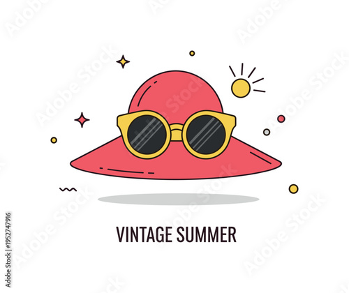 Wearing a sunhat retro summer aesthetic featuring a bold round hat shape paired with oversized sunglasses and a small sunburst detail, capturing nostalgic