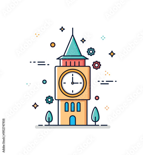Clock tower timekeeping heritage concept illustrated by a stylized tower combined with a large centered clock face and tiny gear accents, symbolizing precision