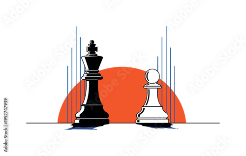 Black and white king and pawn facing each other in simplified duel composition, bold orange semicircle rising behind like strategic sunrise, thin blue vertical