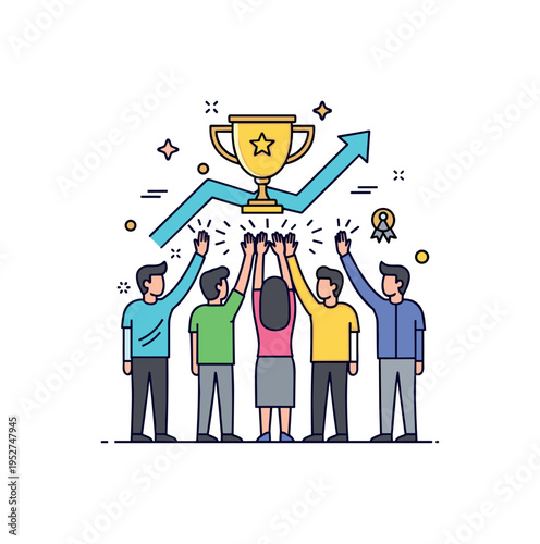 Project milestone celebration teammates gathered around a central trophy icon giving synchronized high fives, upward arrow accent suggesting growth. A dynamic