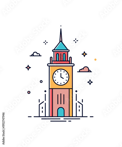 Clock tower urban identity badge illustrated by a tall stylized tower with a centered clock dial and subtle upward lines, expressing leadership and civic