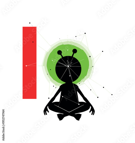 Black and white childlike Martian silhouette sitting cross-legged, vivid lime green circular halo behind head, bold red vertical block on one side, thin
