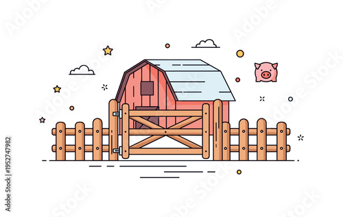 Pig farm entry scene highlighting a simple wooden gate attached to short fence sections with a barn roof corner visible behind, conveying traditional farming