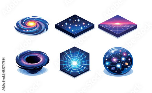 Infinite space. Isometric flat vector icons set of infinite space: spiral galaxy, deep space star field, infinite horizon grid, cosmic void portal, endless