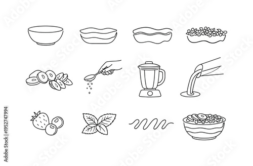 Layered Smoothie Creation. Minimalistic set one-line drawing empty bowl outline, yogurt layer line, fruit puree layer, granola layer texture, sliced fruit