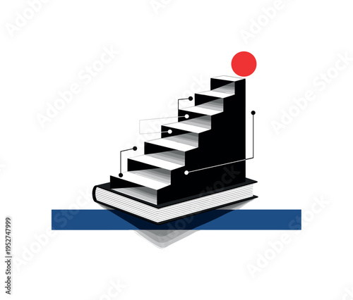 Black and white book transforming into abstract geometric staircase ascending upward, bold red circular accent at the top step, deep blue rectangular base