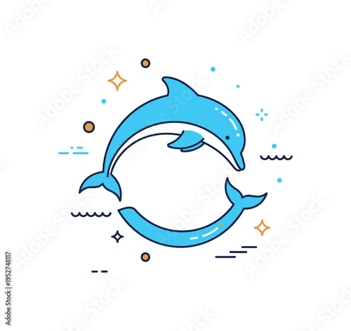 Marine freedom symbol dolphin forming a curved arc that resembles a smile, surrounded by minimal sparkle accents suggesting joy and vitality. A positive