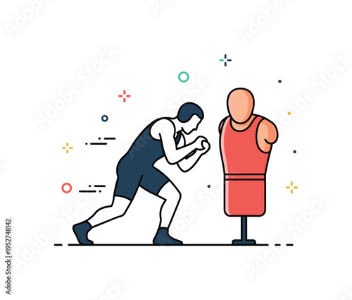 Wrestling training session visualized through a single athlete silhouette practicing a takedown move against a simple training dummy shape, representing