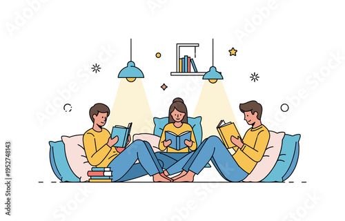 People enjoying leisure activities reading books in a cozy corner with soft cushions and warm lighting, conveying relaxation, focus, and quiet enjoyment.