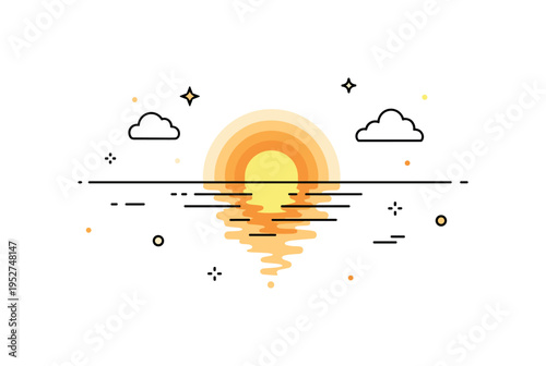 Golden hour lake reflection featuring a glowing sun mirrored beneath a simple waterline. The composition communicates stillness, symmetry, and atmospheric