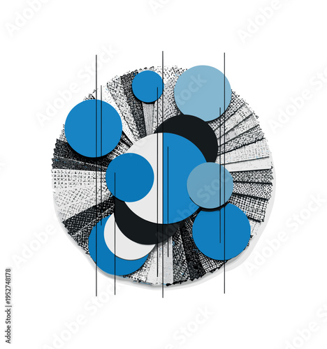 Black and white top-down workspace with fabric swatches arranged in a circle, layered with bold blue circular accents and thin vertical lines indicating design