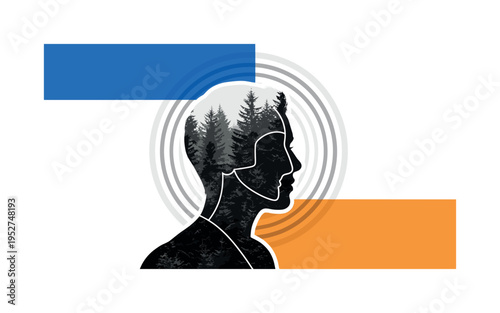 Black and white double exposure portrait of a human face blended with a forest landscape, oversized concentric circular halos behind symbolizing layered