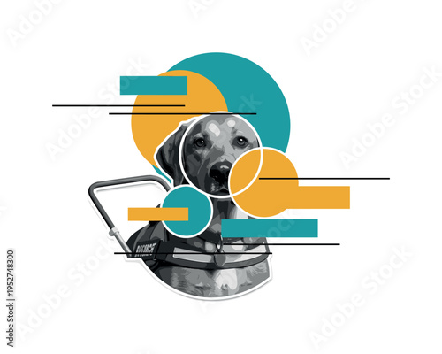 A monochrome close-up of a guide dog?s face with harness detail, intersected by large flat circular halos and abstract rectangular color blocks, thin