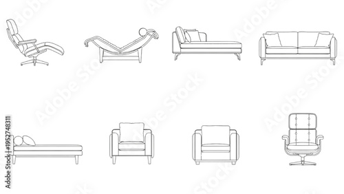 Modern Seating Furniture Line Art Concept Collection – Chairs, Sofas, Recliners Outline Illustrations for Design