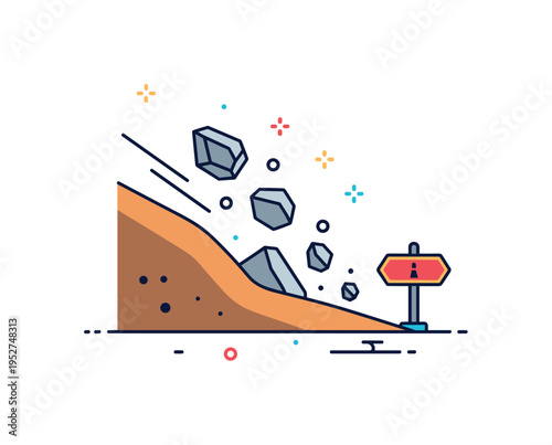Landslide risk sloping hill with falling rock shapes moving toward a small road sign icon. A compact visual metaphor for unstable terrain and natural hazards.