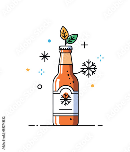 Seasonal craft beer edition concept represented by a bottle adorned with a small leaf or snowflake accent, symbolizing limited release and creative