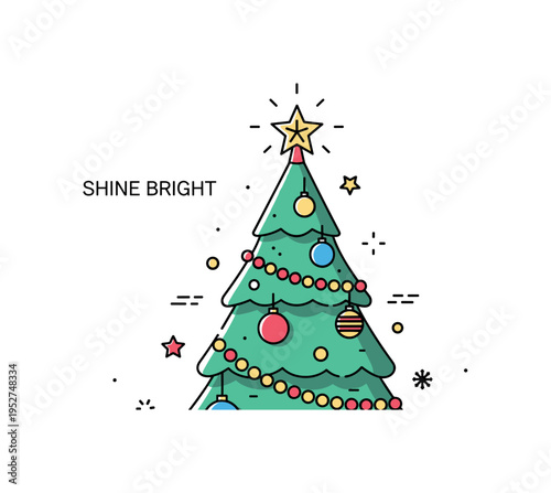 Christmas tree close up highlighting ornaments, garland and a bright star topper in a clean composition. A small ?Shine Bright? caption reinforces festive glow