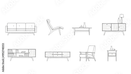 Set of various modern furniture illustrations on white background