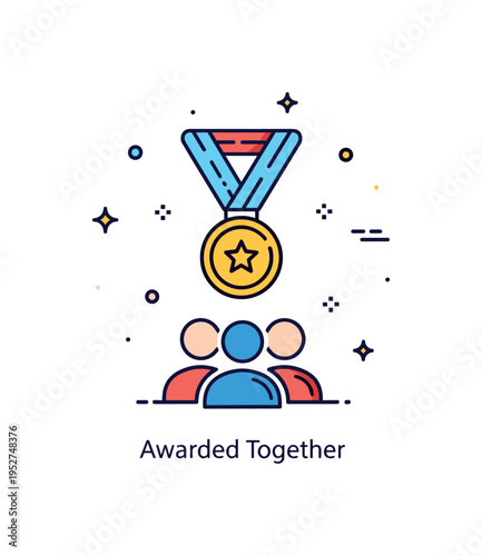 Group achievement innovation award concept with a single medal icon suspended above a unified group silhouette, expressing recognition earned through