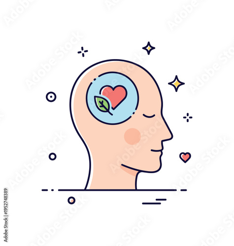 Mental health awareness symbolized by a calm human head silhouette with a small heart and leaf inside, expressing emotional balance and gentle self care. A