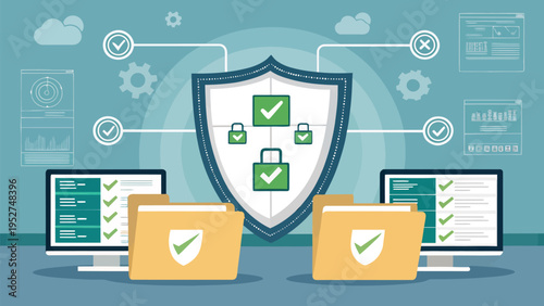 Cyber defense technology concept with shield folders and computers symbolizing data protection and security online