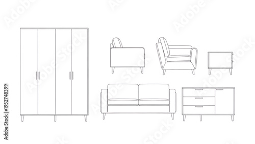 Collection of minimalist furniture illustrations for interior design