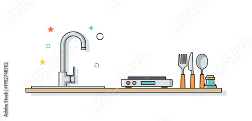 Minimal kitchen with a single modern faucet, small induction stove, and neatly placed utensils, emphasizing functionality and uncluttered design. Minimalist