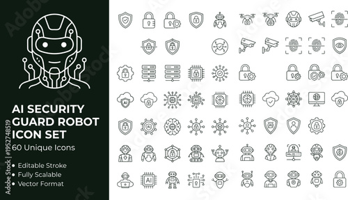 AI security guard robot line icon set with surveillance monitoring sensors and smart protection technology symbols