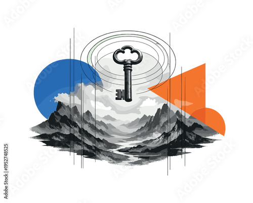 black and white surreal valley with a giant floating key above abstract mountains, thin vertical lines and circular halos suggesting mysterious atmosphere,