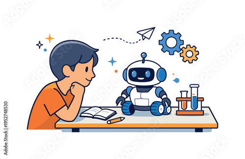 STEM lesson with robotics small robot model placed on a desk as the focal point with a student figure observing and gear symbols accenting experimentation. The