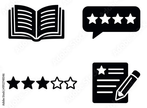 Modern glyph icon set featuring an open book, star ratings, and a document with a pencil for online education and customer feedback