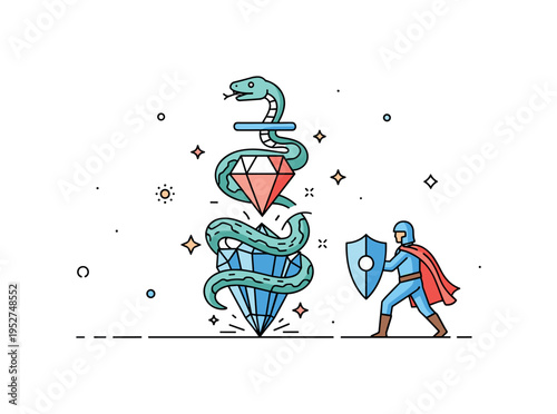 Magical gem under serpent watch centered on a glowing crystal emitting small star accents while a coiled snake shields it and a hero approaches with a shield.