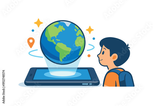Augmented reality learning tablet projecting a simple 3D globe above its screen while a student figure looks on with curiosity, star accents emphasizing