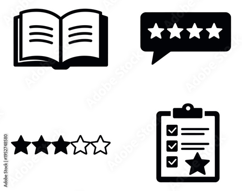 Simple icon set featuring an open book, star rating systems, and a quality checklist for user experience and learning resources