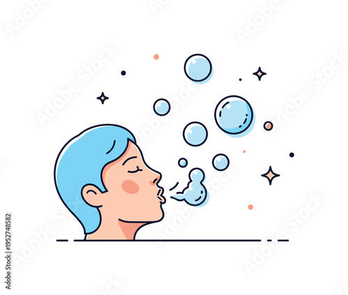 Slow motion bubble scene shown as a person exhaling softly while translucent bubbles drift upward in varying sizes, expressing calm playfulness and gentle