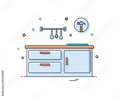 Kitchen remodeling scene illustrated with a cabinet outline, a countertop detail, and a subtle hammer icon nearby, expressing modernization, functionality, and