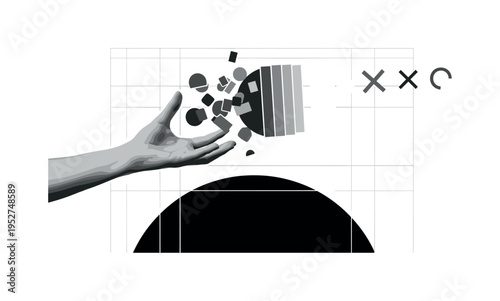 Black and white human hand releasing small butterflies into the air, concentric circular halos expanding outward, vibrant orange and teal flat geometric