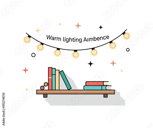 Warm lighting ambiance string lights gently curved above a small decorative shelf with subtle glow accents. A concise illustration about creating inviting