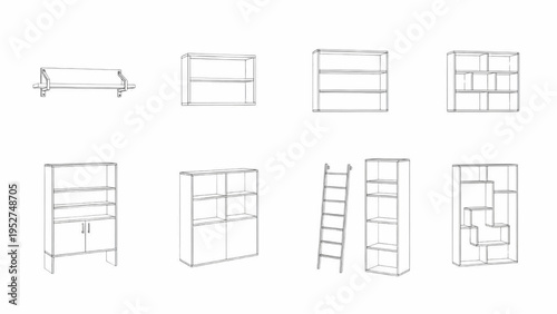 Diverse collection of modern bookshelf and shelving unit line art illustrations