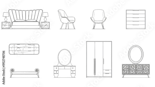 Simple line art illustrations of modern household furniture items