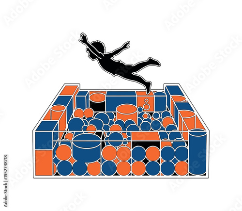 A monochrome childlike silhouette diving into a structured composition of perfectly arranged circular shapes symbolizing a ball pit, geometric blocks and